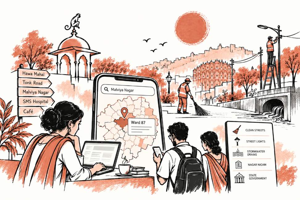 Illustration of Jaipur residents looking up a ward on a phone and laptop